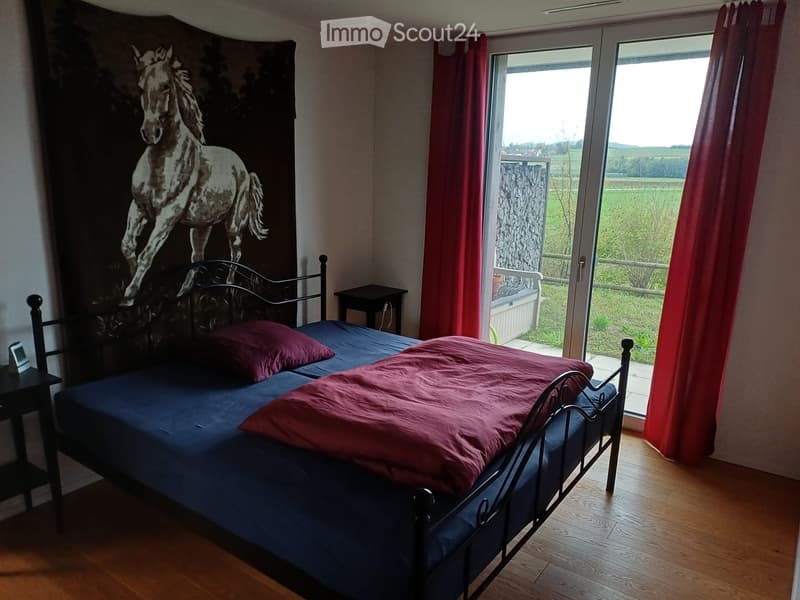 Bedroom with a double bed, blue bedding, red pillows, a nightstand, and a large wall mural of a horse.