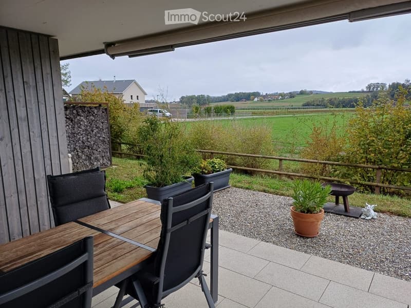 Balcony with a wooden table and black chairs, surrounded by potted plants and a scenic countryside view.