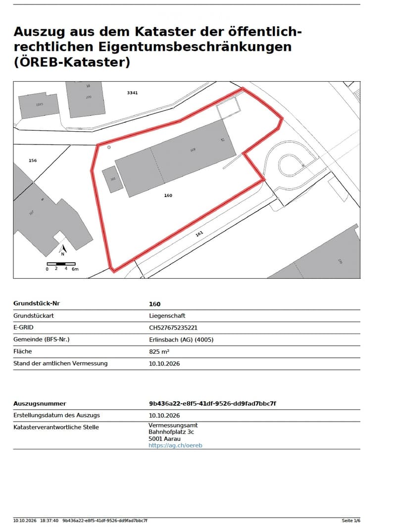 Property plot map showing boundaries, parcel number 160, area 825 m², located in Erlinsbach (AG), Switzerland.