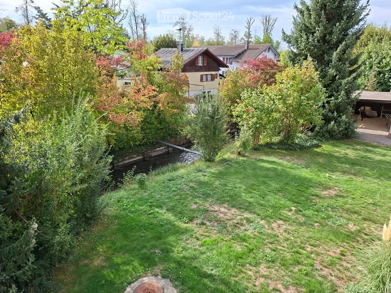 Well-maintained garden with a grassy lawn, small water feature, various trees and shrubs, and a covered patio area with outdoor furniture.