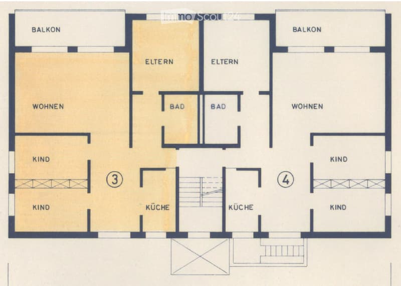 Floor plan of a multi-room apartment with two balconies, two living areas, two bedrooms, two bathrooms, two kitchens, and four children's rooms.