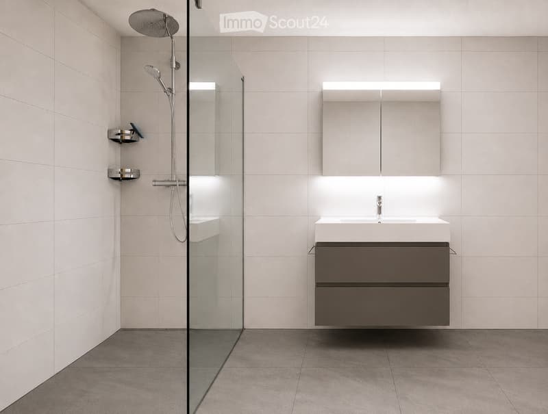 Modern bathroom with a glass-enclosed shower, a single sink with a modern cabinet, and built-in lighting above the mirror.
