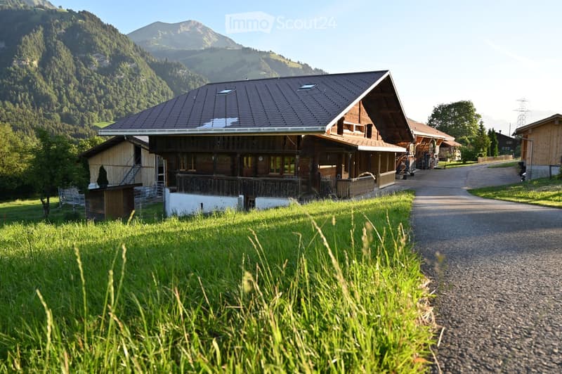 Traditional wooden chalet-style buildings in a scenic mountain valley, surrounded by lush green grass and trees.