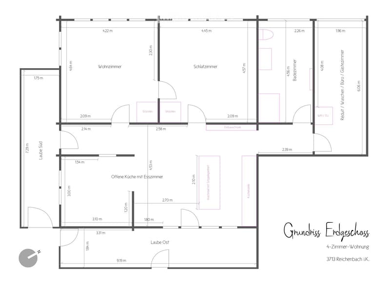 Floor plan of a 4-room apartment on the ground floor, including living room, bedroom, bathroom, and open kitchen with dining area.