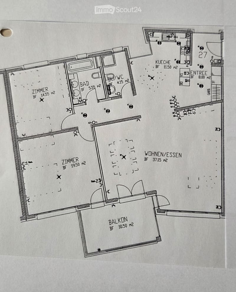 Floor plan showing a living/dining area, two bedrooms, a bathroom, a kitchen, an entrance, and a balcony.