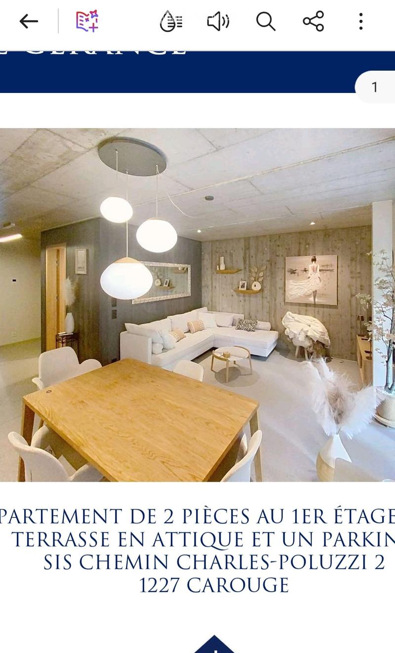 Modern living and dining area with white sofa, coffee table, dining table, pendant lights, shelves, and decorative items.