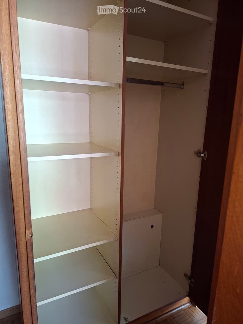 Empty closet with multiple shelves and a hanging rod, no items stored inside.