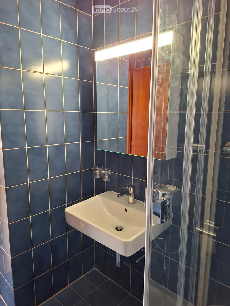 Modern bathroom with blue tiled walls, white sink, chrome faucet, and a glass shower enclosure.