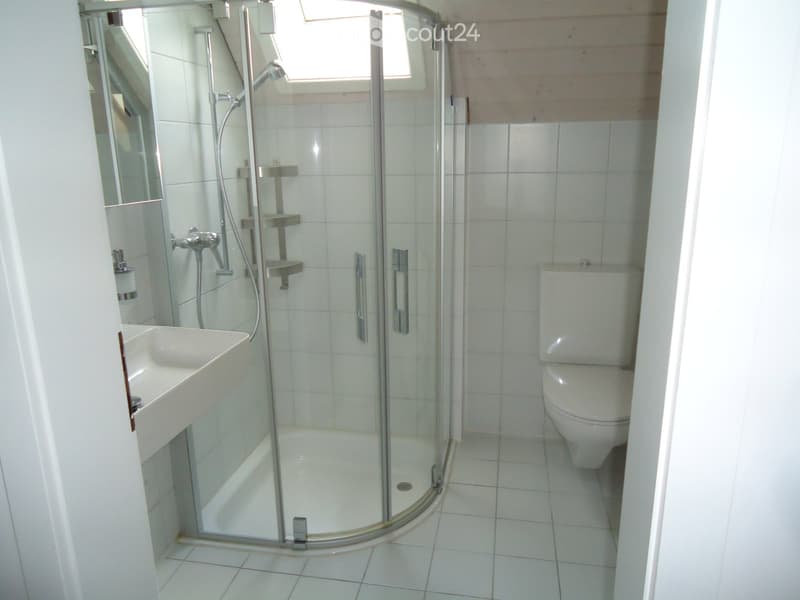 Modern bathroom with white tiles, a glass-enclosed shower, a toilet, a sink, and a mirror.