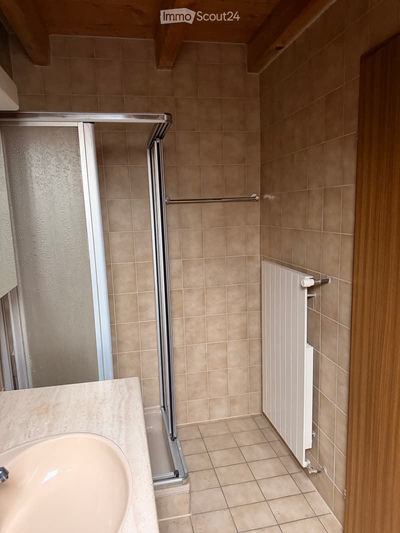 Bathroom with beige tiles, bathtub, radiator, and a glass shower enclosure with a safety handle.