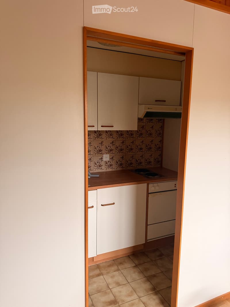 Compact kitchen with white cabinets, a stove, a dishwasher, and a range hood. The backsplash features floral tiles, and the countertop is brown.