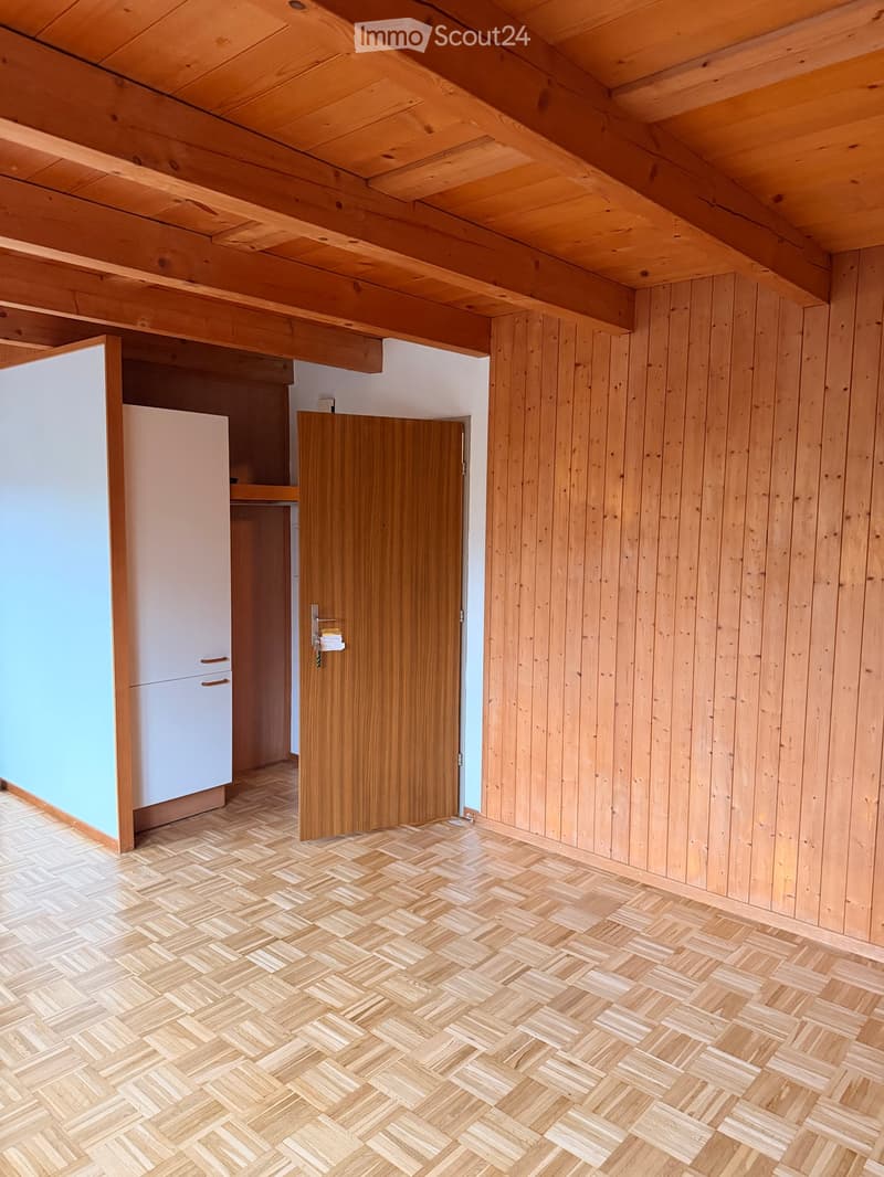 Empty room with wooden walls, herringbone wooden flooring, and a white cabinet in the corner.