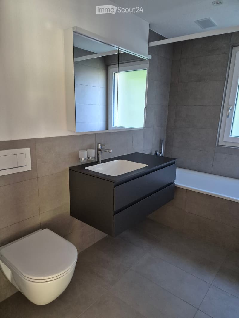 Modern bathroom with a dark vanity, white sink, chrome faucet, toilet, large mirror, and bathtub.