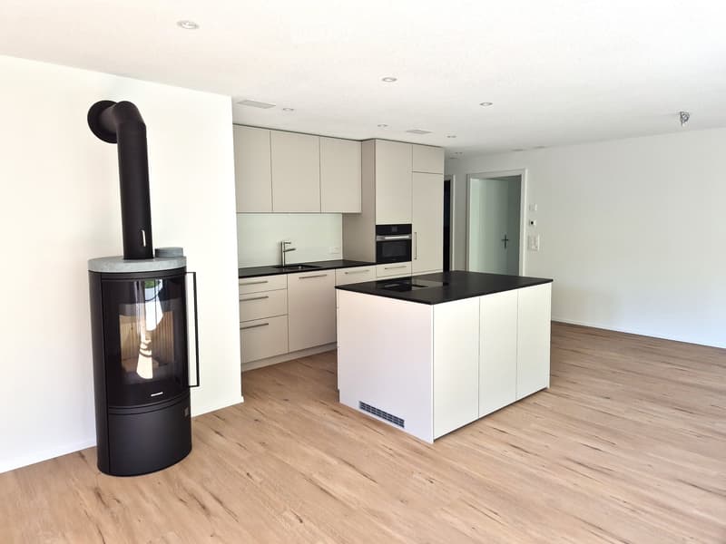 Modern kitchen with light-colored cabinets, a central island, and a built-in fireplace. The space features wooden flooring and sleek, contemporary design elements.