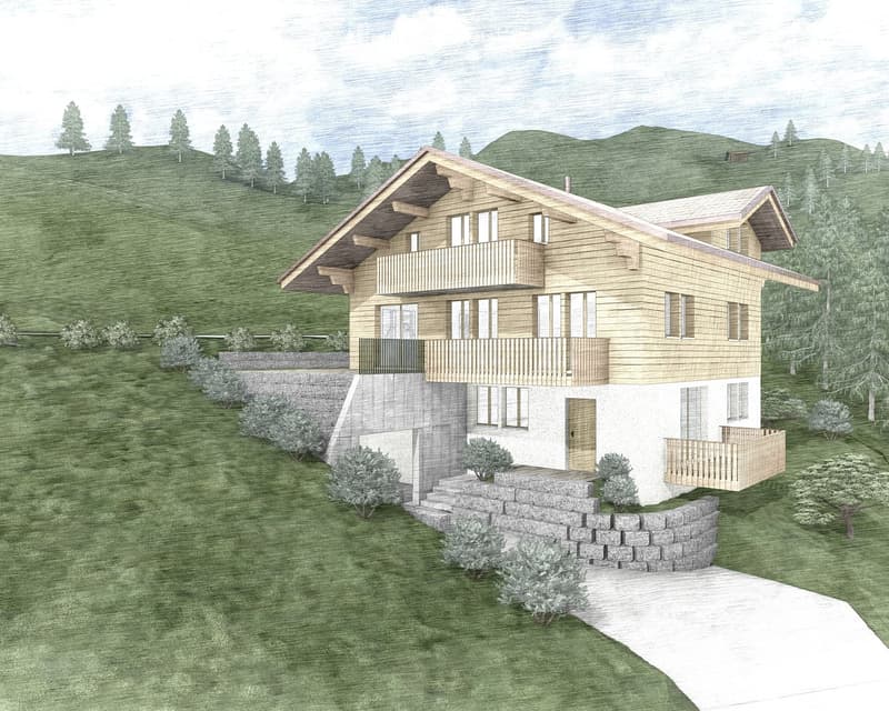 Two-story wooden house with balconies, situated on a raised ground floor with stone steps leading up, surrounded by greenery and trees.