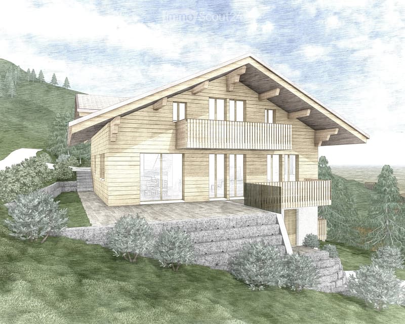 A two-story wooden house with a steep, sloped roof and large windows, featuring balconies on the upper level and a stone foundation on the lower level, surrounded by greenery and a landscaped garden.