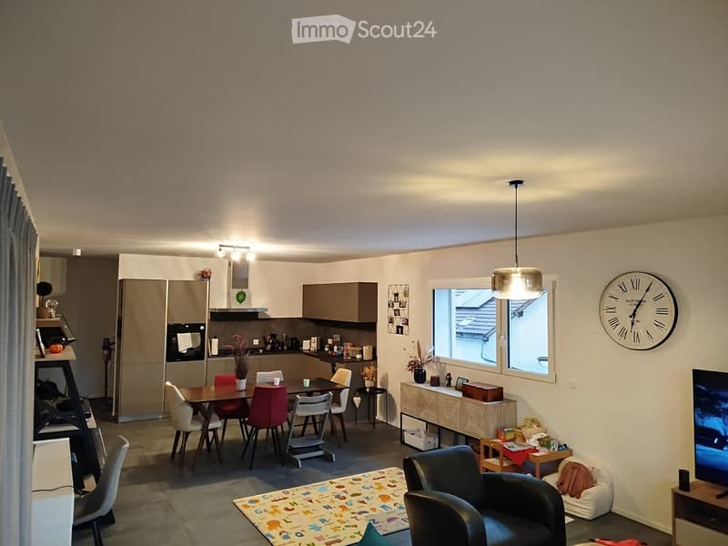 Open-plan living and dining area with modern kitchen, dining table with chairs, sofa, television, and decorative items.