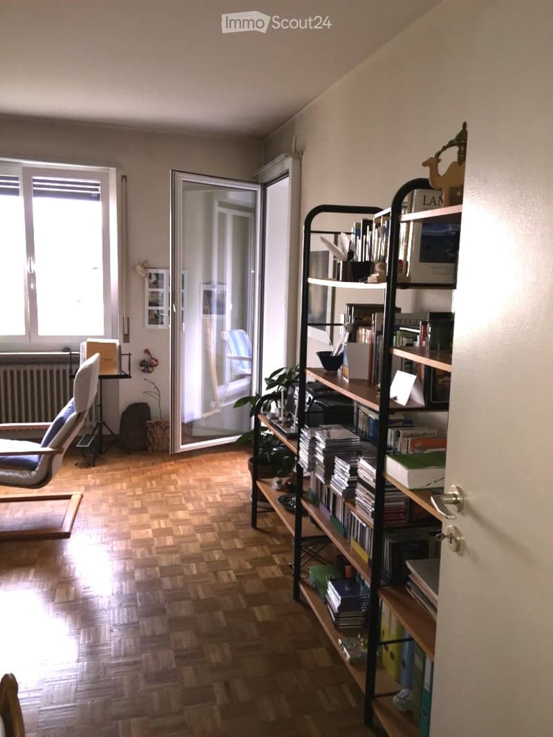 Bright living room with wooden flooring, large window, open sliding door leading to a balcony, a modern chair, a tall shelving unit filled with books and decorative items, and a small table with a plant.