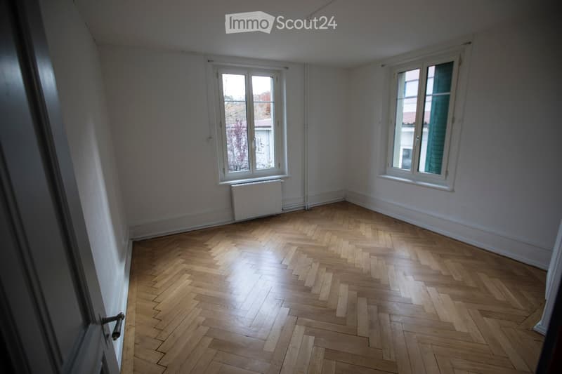 Empty room with wooden herringbone flooring, white walls, and two windows with white frames. A radiator is visible under one window.