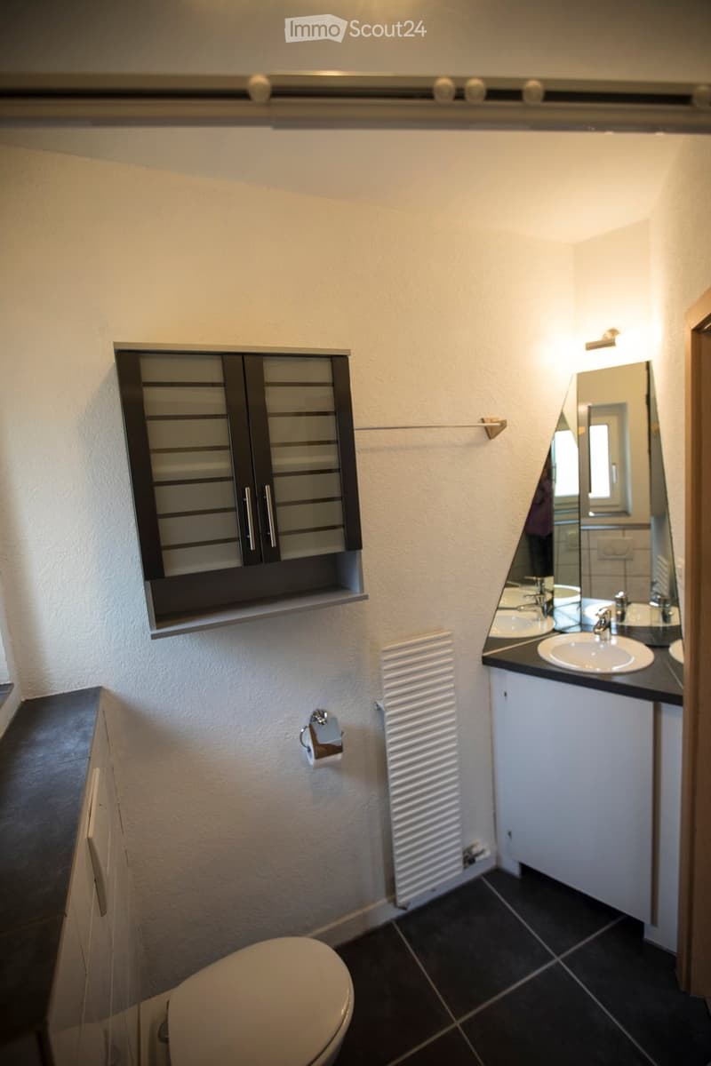 Modern bathroom with dark tiled floor, white walls, a toilet, a sink with a mirror, a cabinet, and a radiator.