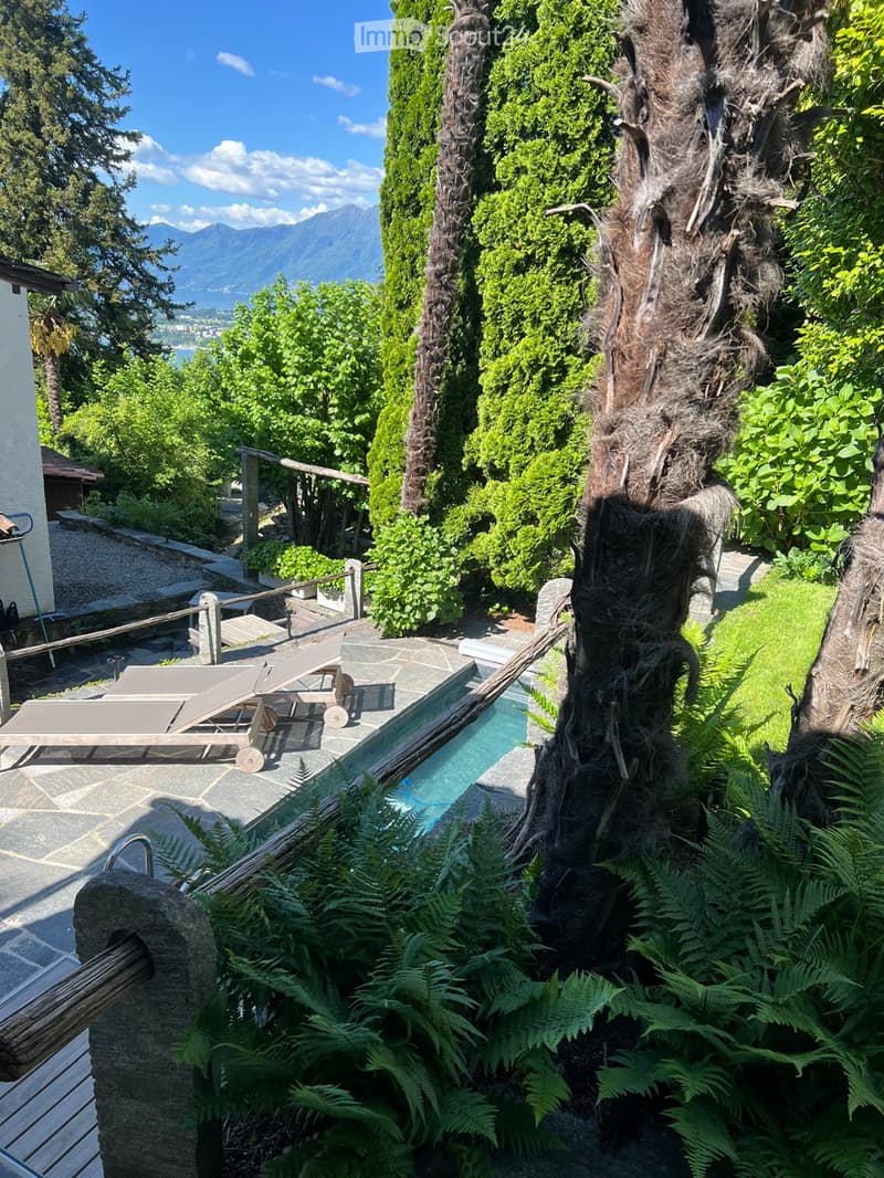 Outdoor garden area with a swimming pool, lounge chairs, lush greenery, and a scenic mountain view in the background.