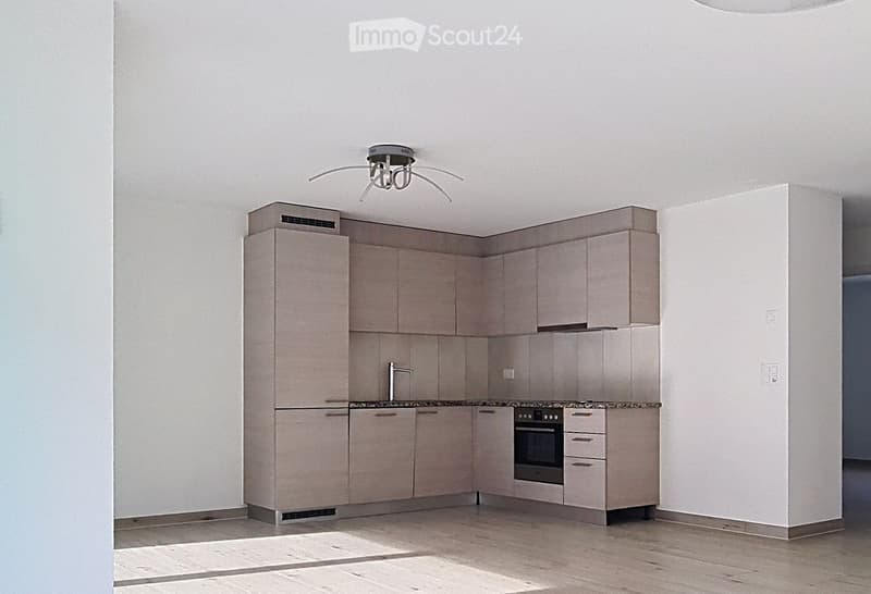 Modern kitchen with light-colored cabinets, a stainless steel oven, a sink with a faucet, and a sleek light fixture on the ceiling.