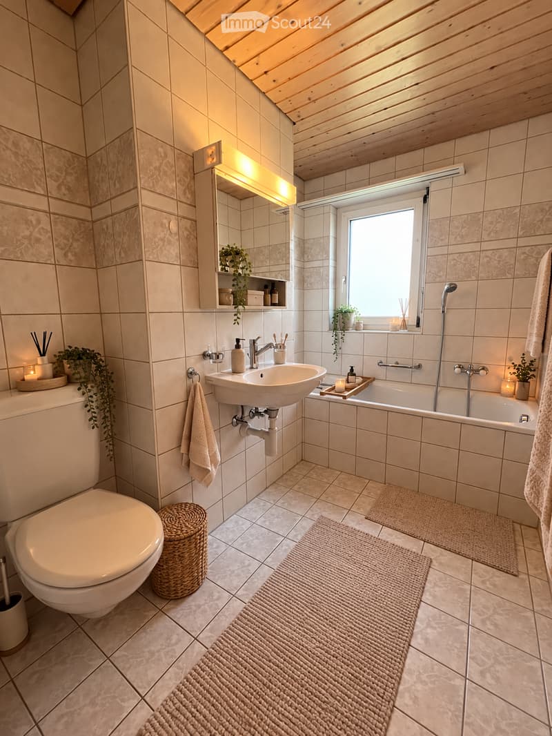 Modern bathroom with a toilet, sink, bathtub, and a large window. Features include a wicker basket, bath mats, candles, and small plants on the windowsill and shelf.