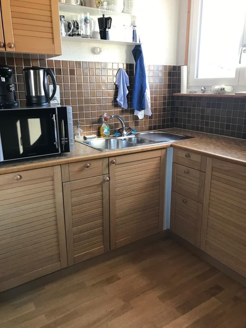 The kitchen features wooden cabinets, a stainless steel sink, a microwave, and a coffee maker on the counter. The floor is made of light wood, and there are towels hanging on the wall.