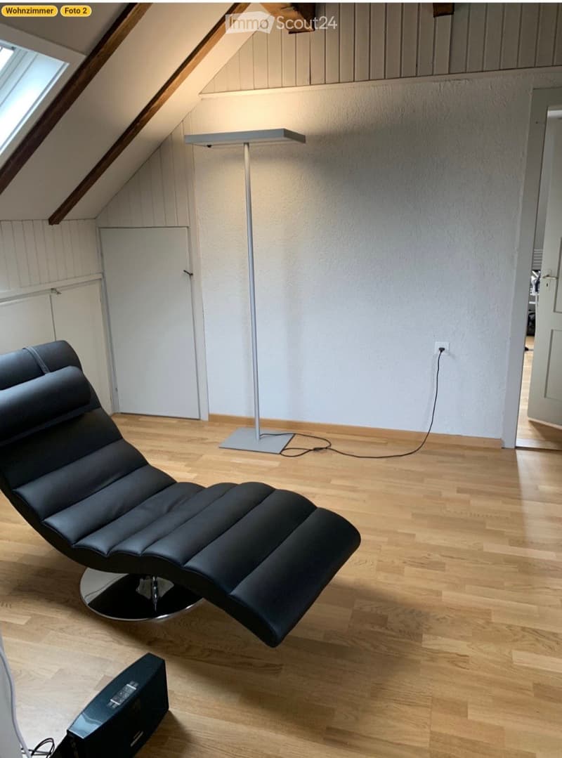 Modern living room with wooden flooring, a sleek black lounge chair, a tall floor lamp, and a small speaker on the floor.