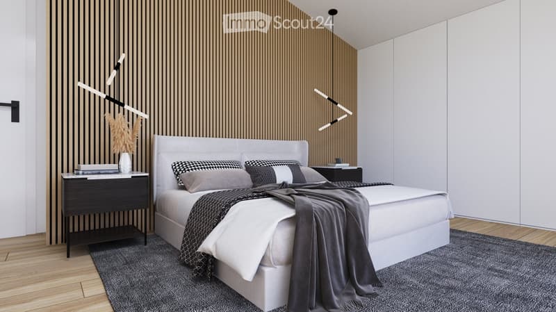 Modern bedroom with a white bed, nightstand, decorative vase, books, and wall-mounted lamp. The room features a wooden floor and a grey rug.