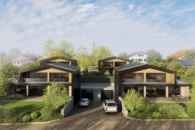 Modern two-story house with a contemporary design, featuring large windows, a raised ground floor, and a spacious outdoor area with seating and a dining table.