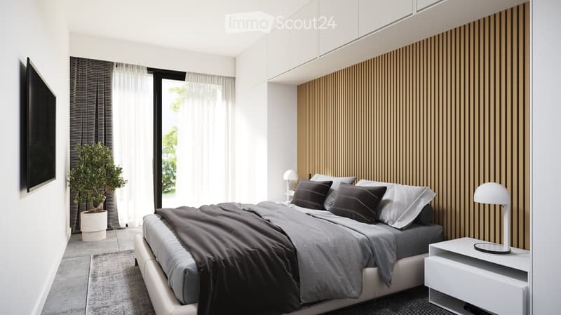 Modern bedroom with a large bed, nightstand, lamp, potted plant, and wall-mounted TV. The room features a sleek wooden headboard and large windows with sheer curtains.