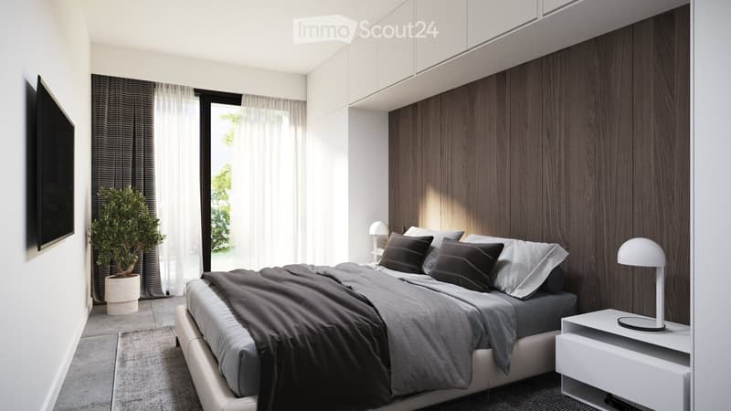 Modern bedroom with a large bed, nightstand, lamp, potted plant, and large window with curtains.