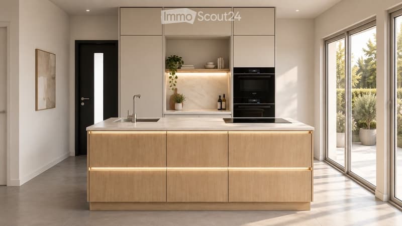Modern kitchen with light wood cabinets, white countertops, built-in oven, sink, and potted plants on shelves.