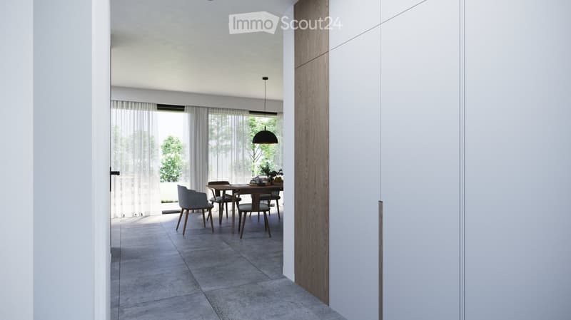 Modern dining area with a wooden dining table, four chairs, pendant light, and large windows with sheer curtains.