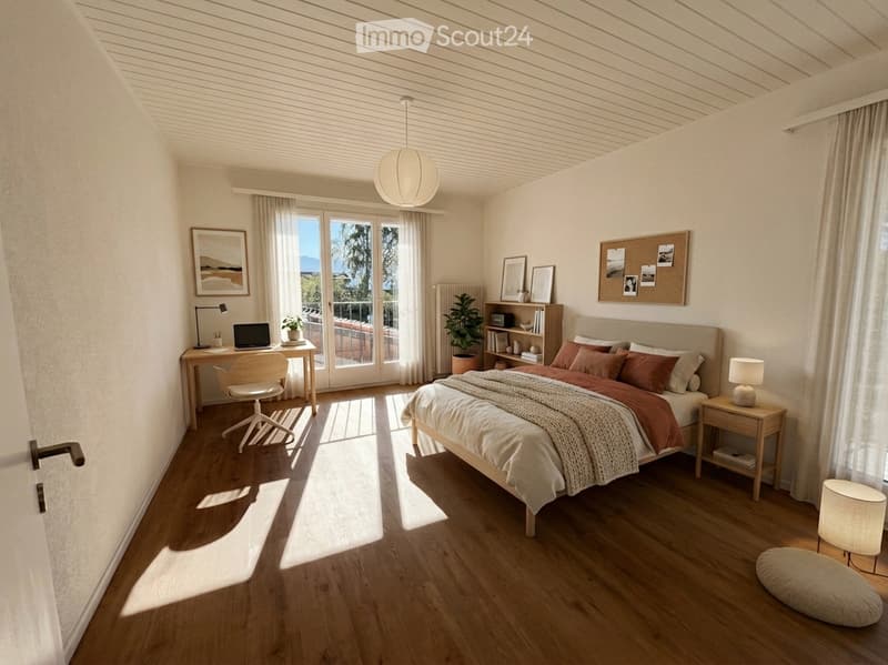 Modern bedroom with wooden flooring, large bed with red pillows, nightstand, desk with laptop, chair, and a view of a balcony.