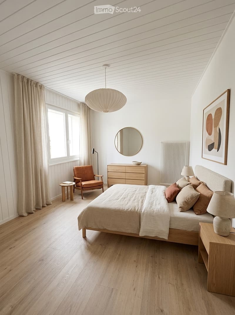 Modern bedroom with light wooden flooring, a large bed with pillows and a blanket, a nightstand with a lamp, a wooden chair, a small table, a mirror, and a picture frame on the wall.