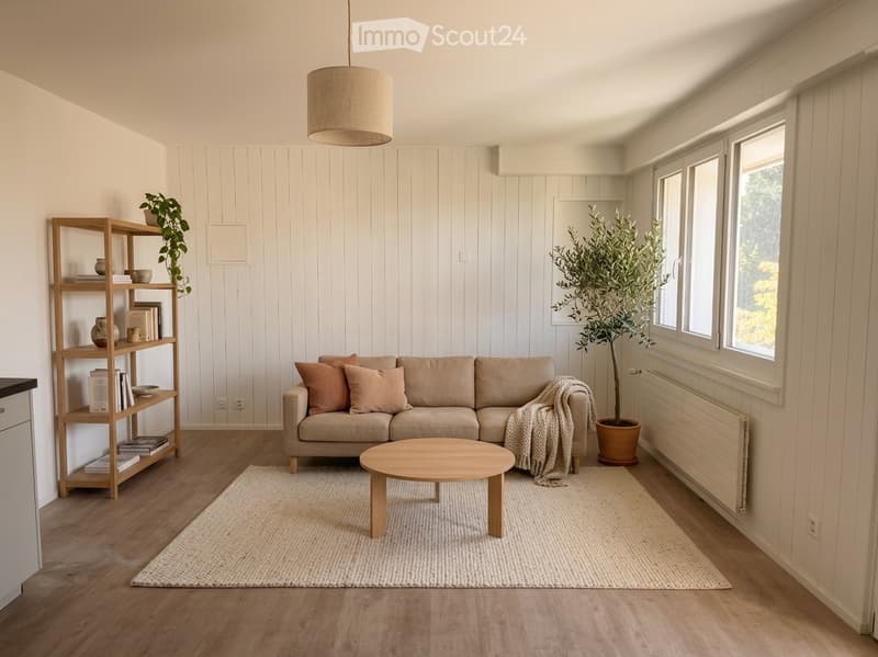 Modern living room with light wood flooring, white paneled walls, a beige sofa with throw pillows, a round wooden coffee table, a woven shelf with books and decorative items, and a large potted plant near the window.