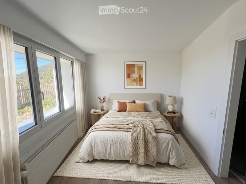 Cozy bedroom with a large bed, nightstands, a lamp, a picture frame on the wall, and a view of a garden through large windows.