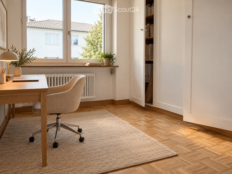A modern, well-lit study or home office with a wooden desk, ergonomic chair, laptop, lamp, potted plants, and a bookshelf. The room features light wooden flooring and large windows with a view of the street.