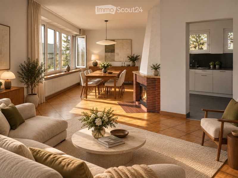 Bright, open-plan living and dining area with a fireplace, large windows, and modern furniture including a sofa, coffee table, dining table, and chairs.