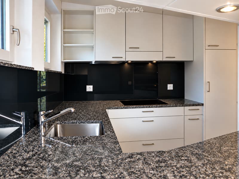 Modern kitchen with granite countertops, stainless steel sink, and white cabinets with silver handles.