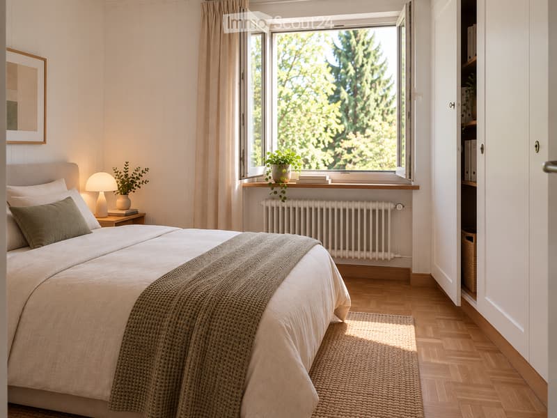 Cozy bedroom with a large bed, nightstand with lamp, potted plant on windowsill, radiator, and a view of greenery through the window.