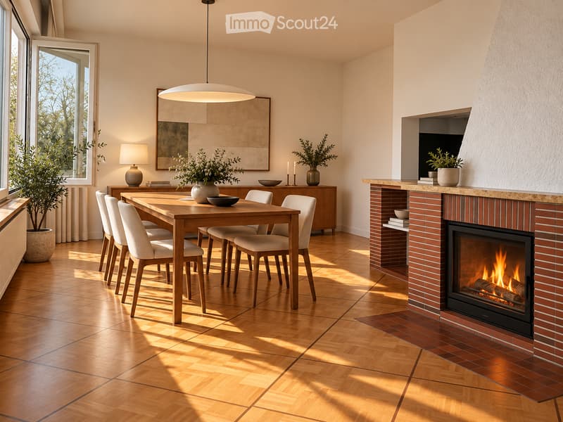 Modern dining area with a wooden dining table, white chairs, a brick fireplace, pendant light, table lamp, and decorative vases.
