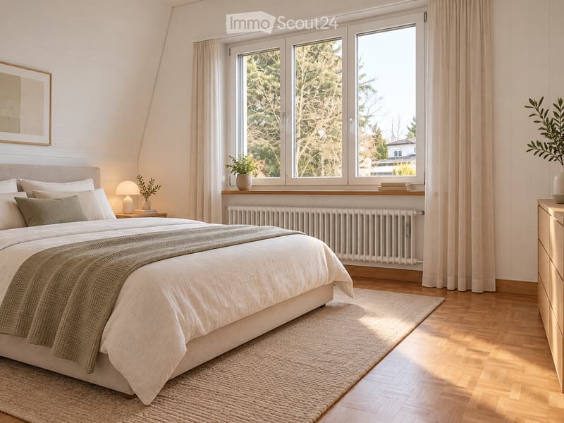 Modern bedroom with a large bed, nightstand, lamp, picture frame, radiator, and plants on the windowsill and dresser.