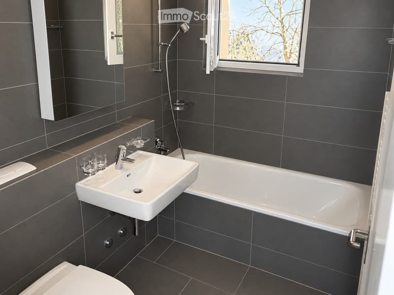Modern bathroom with dark grey tiles, white sink, bathtub, toilet, and mirror. Features a showerhead and two glasses on the sink counter.