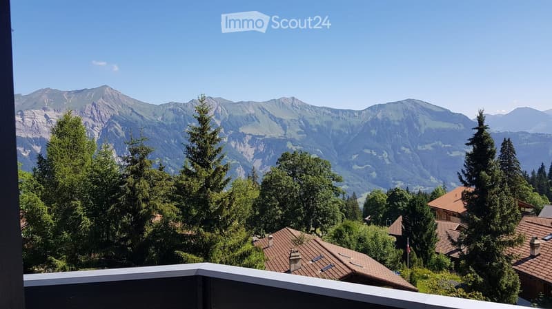 Balcony overlooking a scenic mountain range with dense forest and scattered houses below.