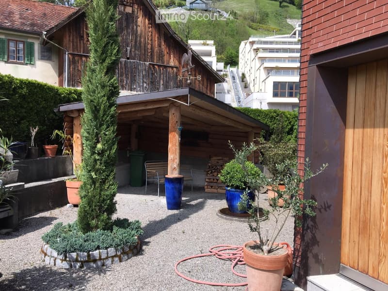 Garden area with gravel ground, potted plants, a wooden bench, and a tall conifer tree. A wooden shed and a modern building are visible in the background.