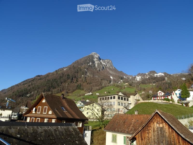 A picturesque village with traditional houses and a prominent mountain in the background.