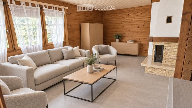 Modern living room with wooden walls, a large sectional sofa, a coffee table, an armchair, a fireplace, and a wooden cabinet.